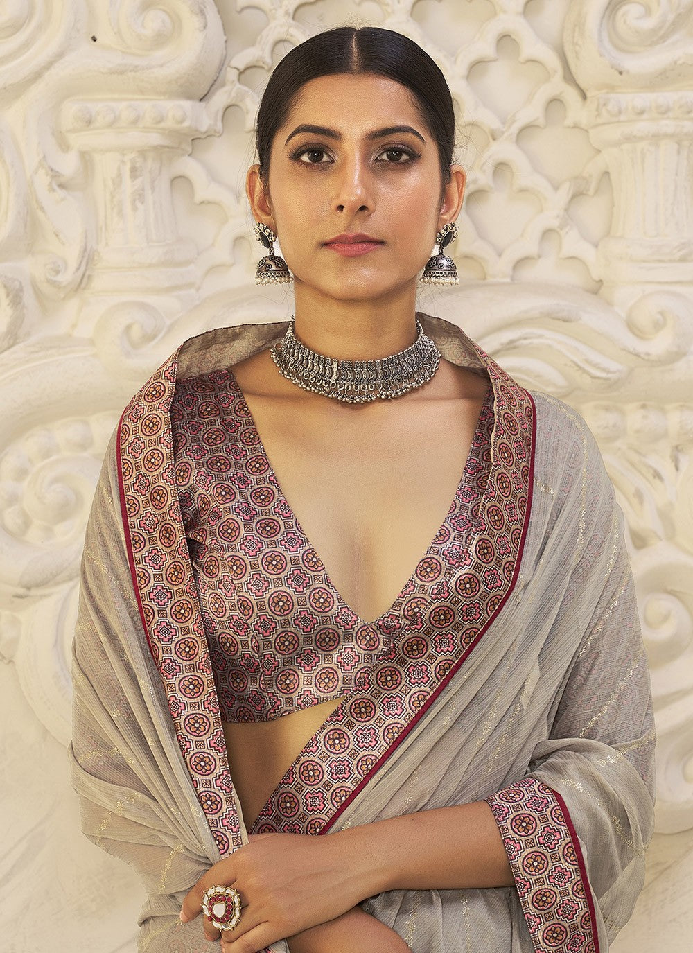 Foliage Prints Chiffon Grey Classic Saree S15268