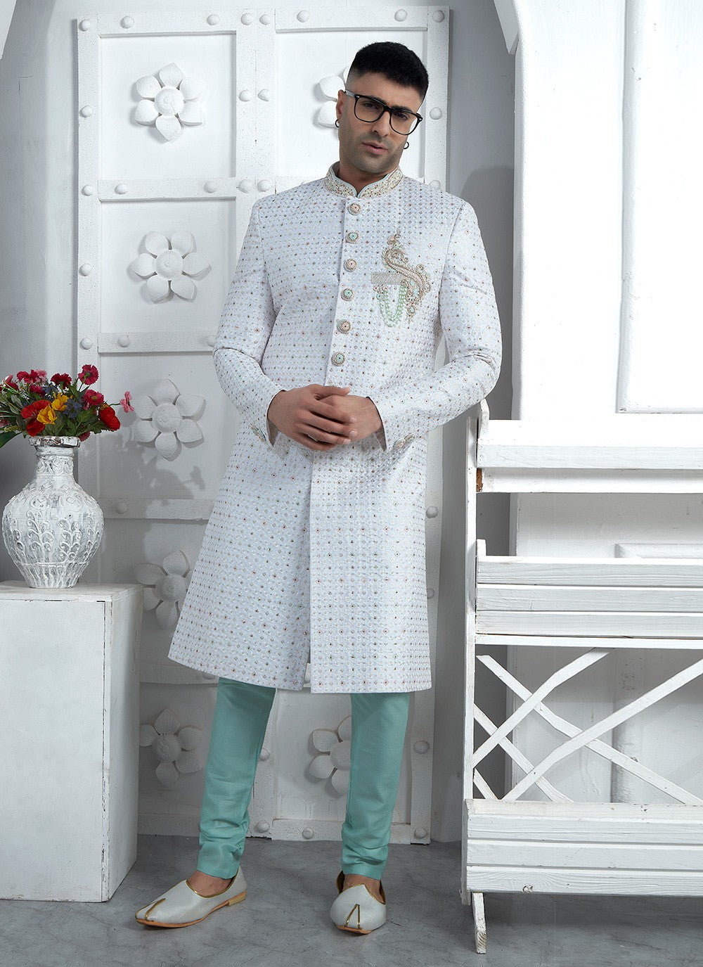 Embroidered Georgette Grey Sherwani - M7454