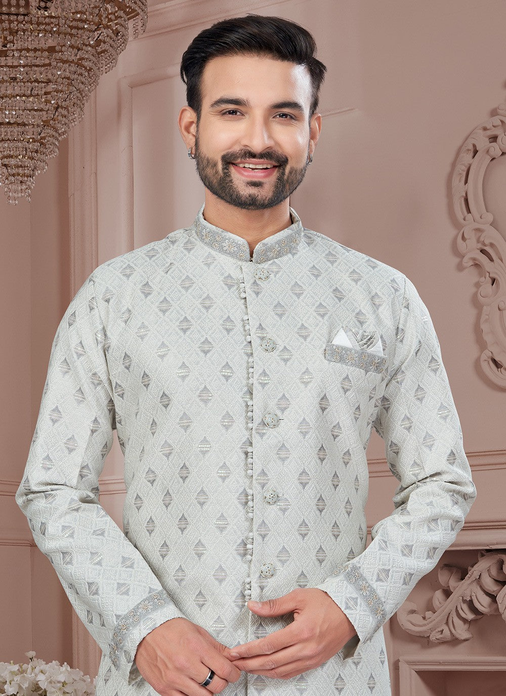 Sequins Jacquard Grey Indo Western Sherwani - M8605