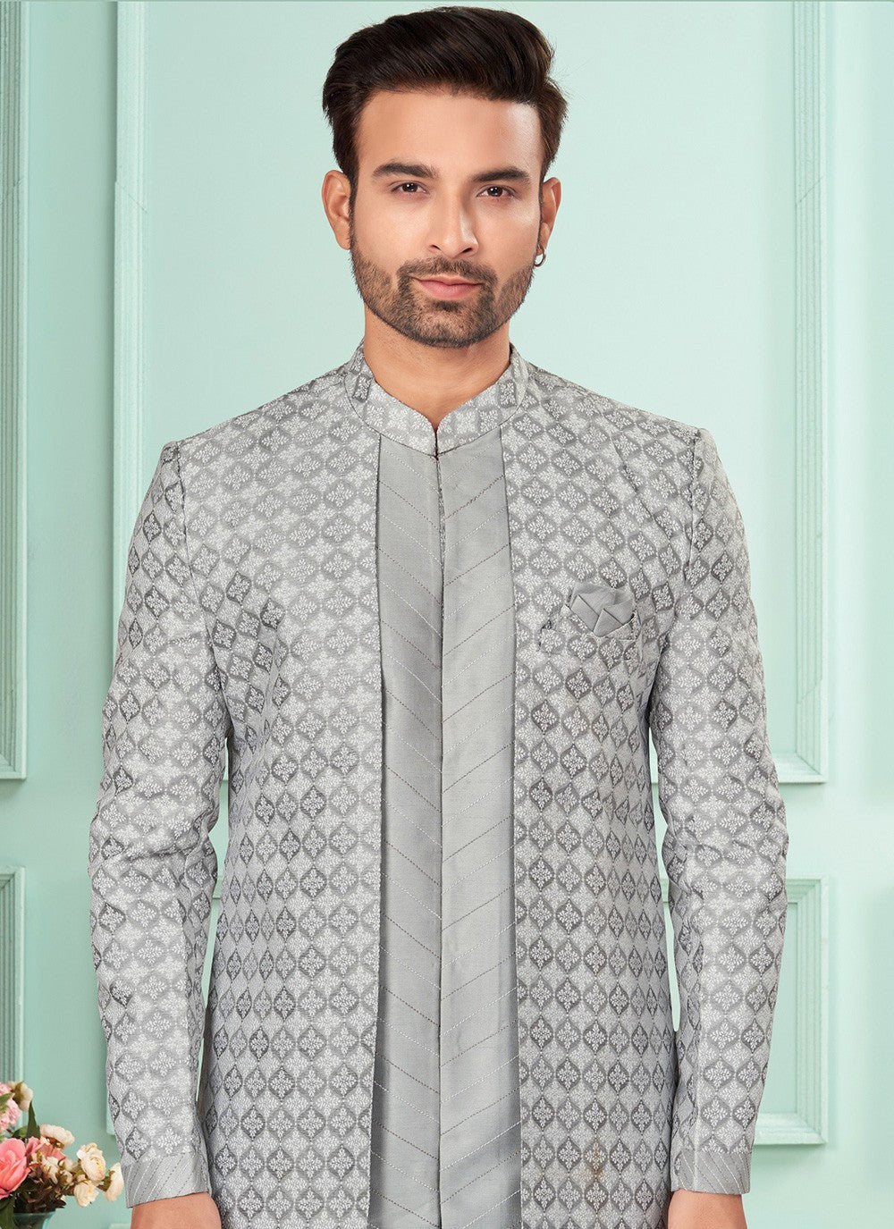 Fancy Work Brocade, Jacquard Grey Indo Western - M7261