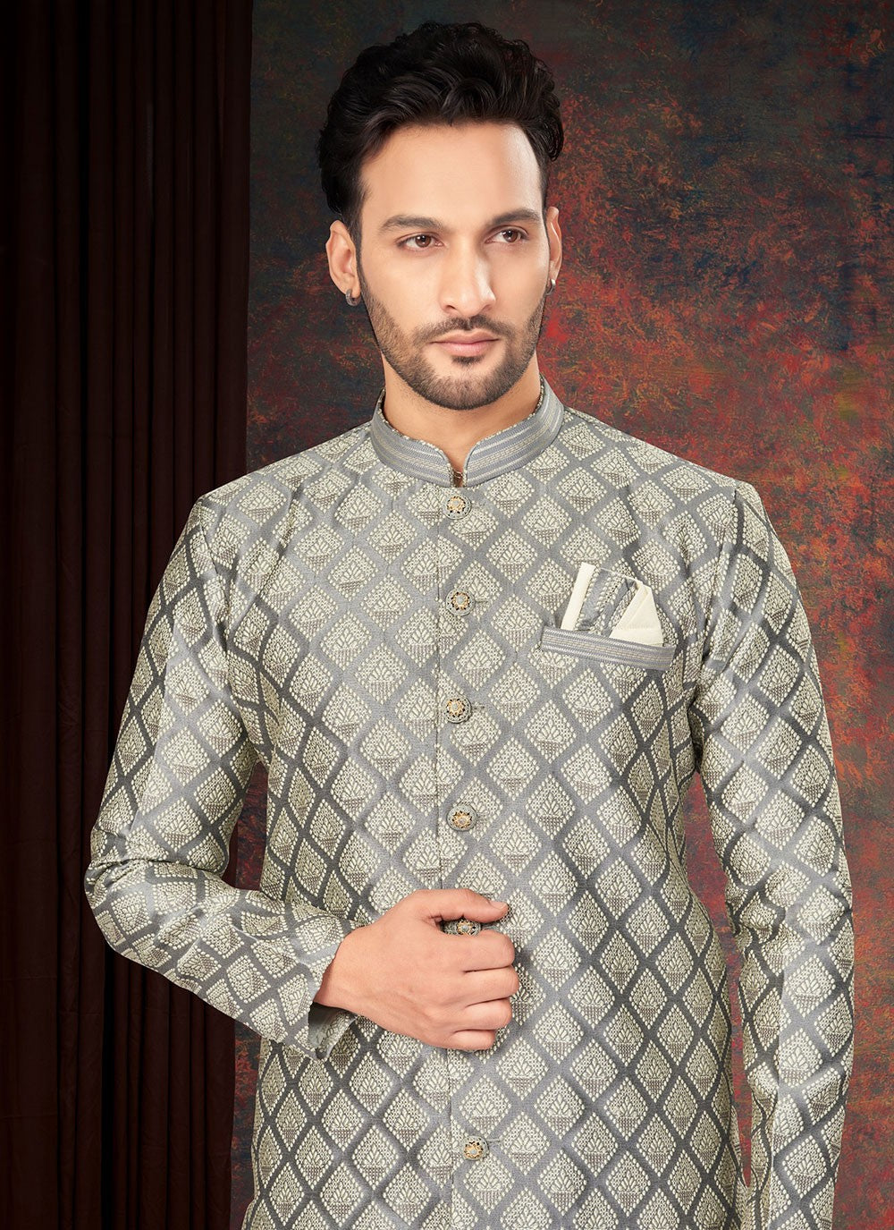 Fancy Work Jacquard Grey Indo Western - M7212