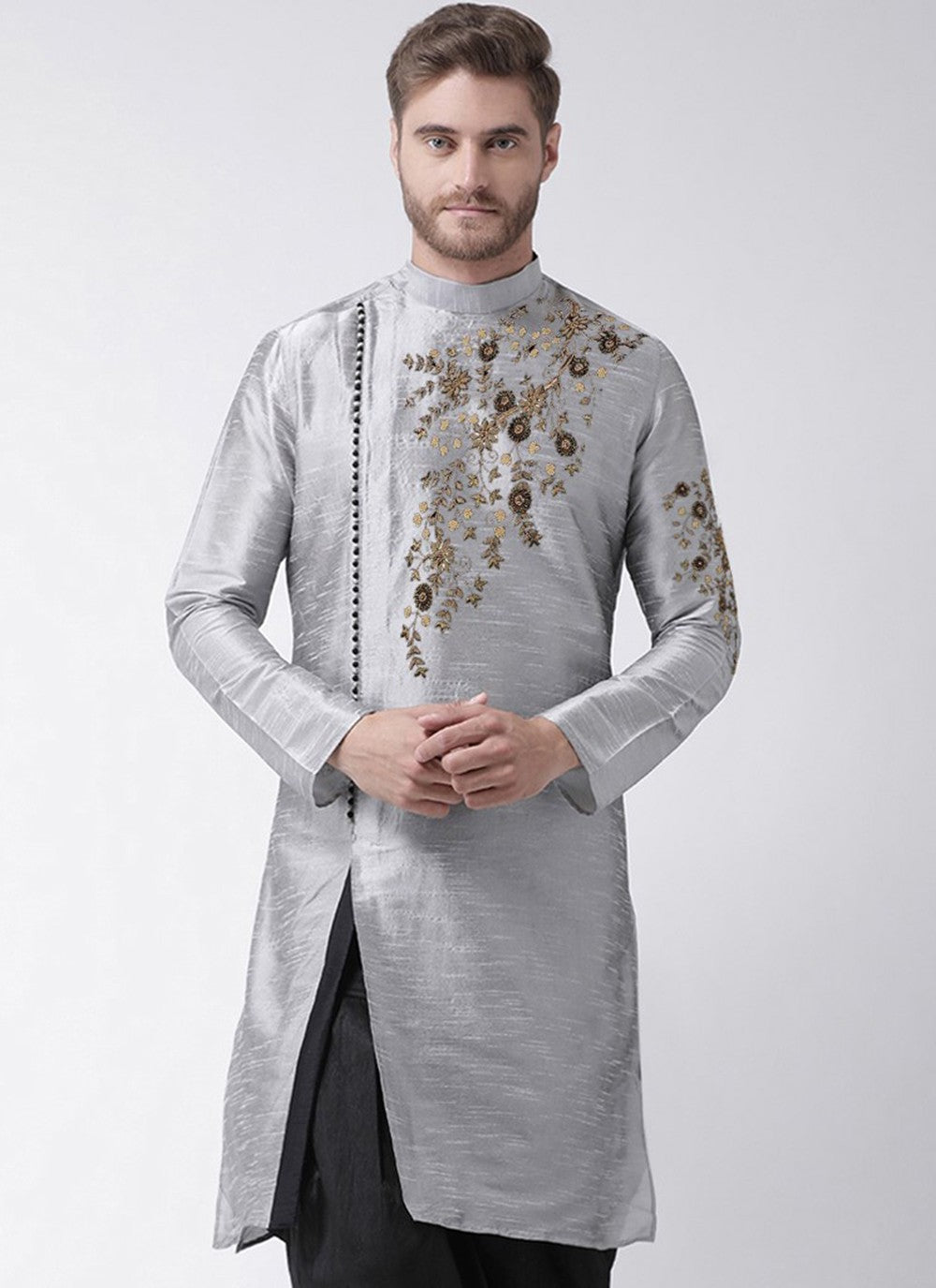 Embroidered Dupion Silk Grey Angrakha - M3182
