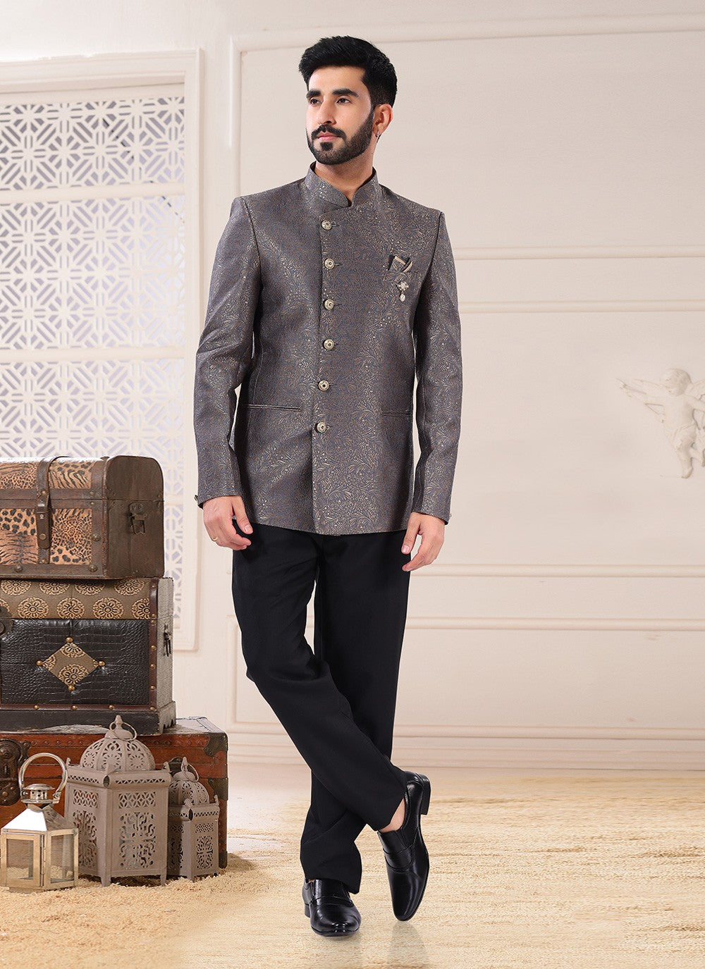 Embroidered Jacquard Grey Jodhpuri Suit - M4677
