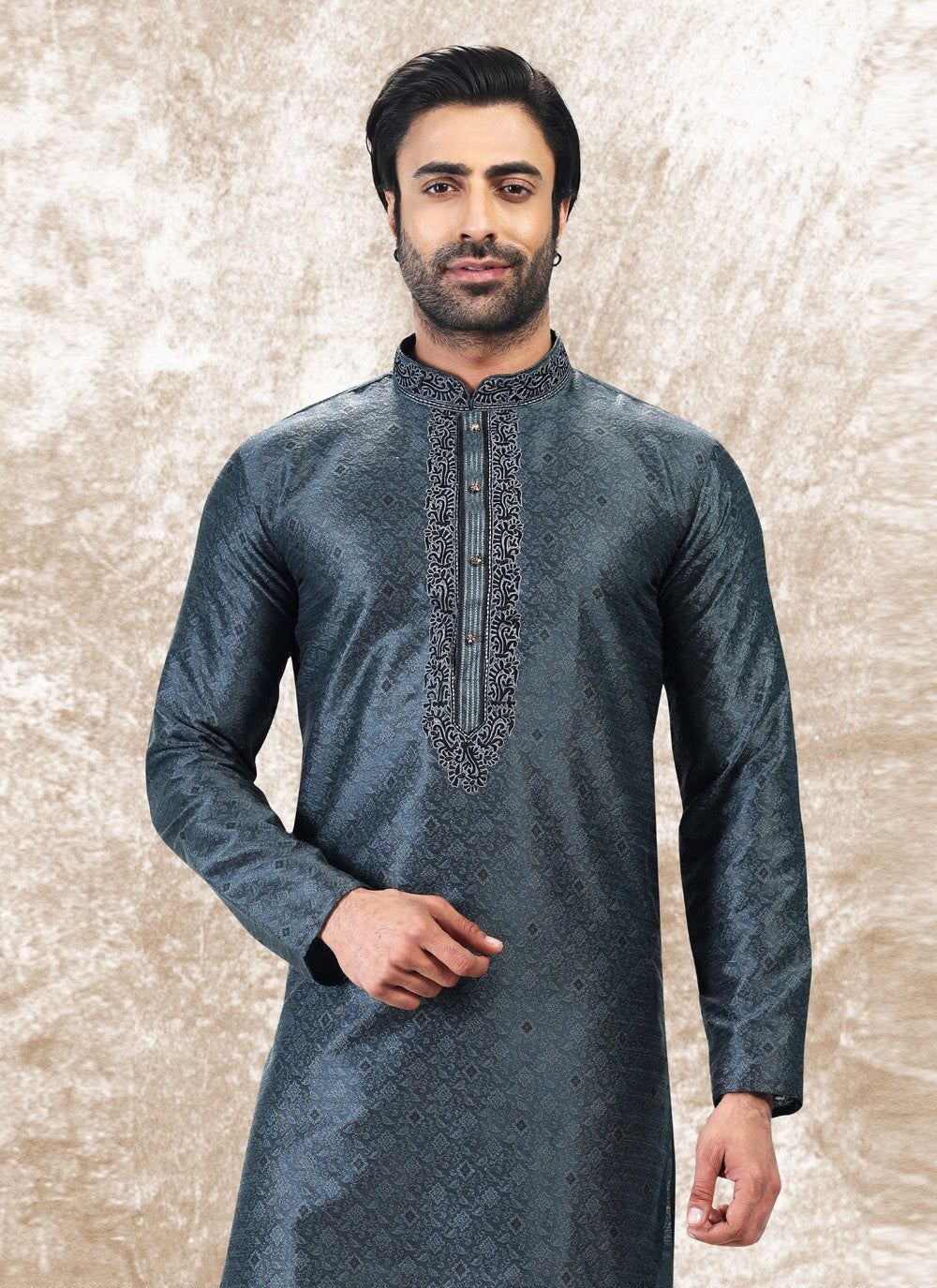 Fancy Work Brocade, Jacquard Silk Grey Kurta Pyjama - M4860