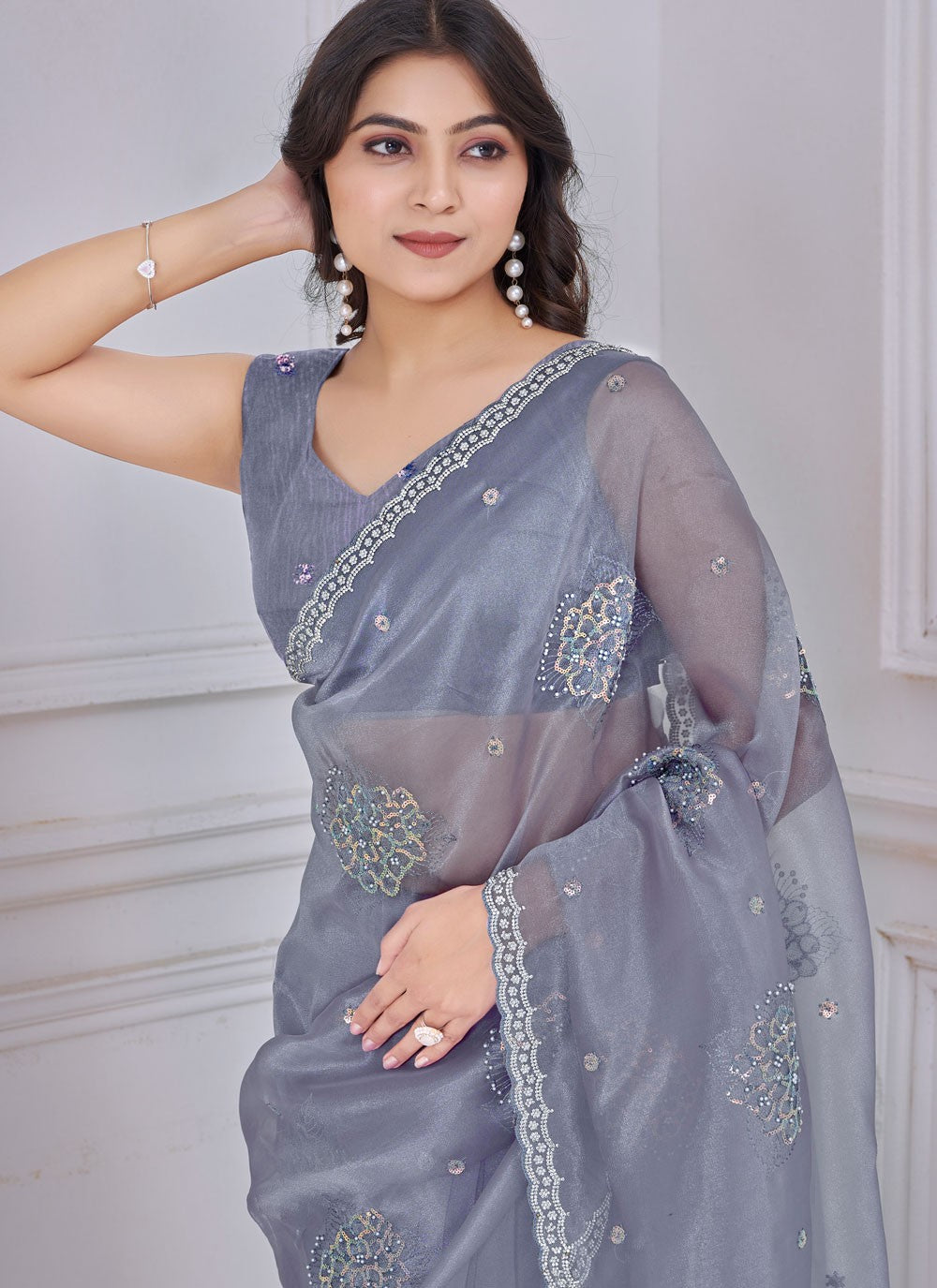 Sequins Organza Grey Contemporary Saree S15051