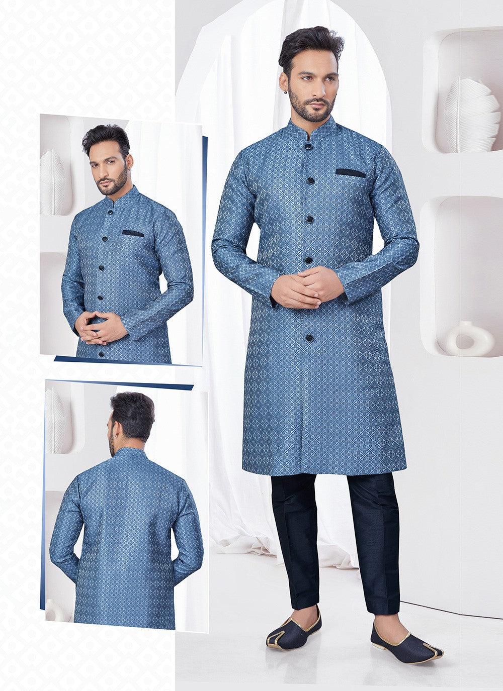 Plain Jacquard Grey Indo Western - M7687