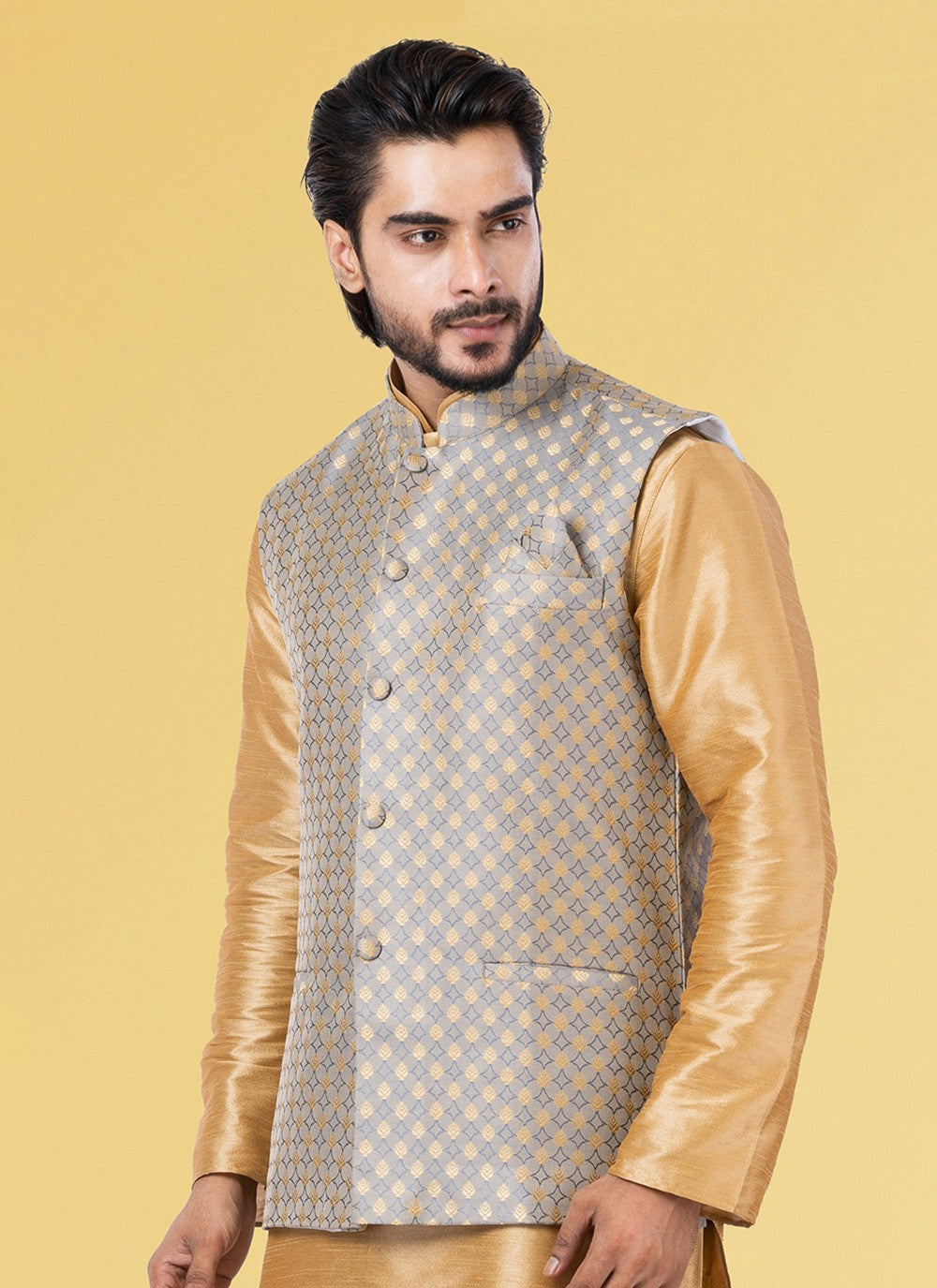 Jacquard Work Silk Grey Nehru Jackets - M7446