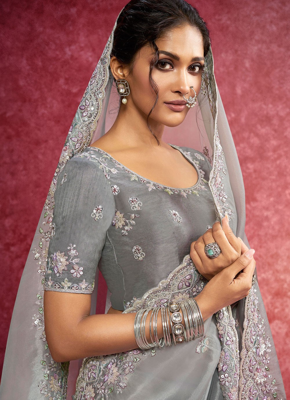 Grey Silk Trendy Saree Border Work, Cut Work, Embroidered, Sequins, Thread S19361