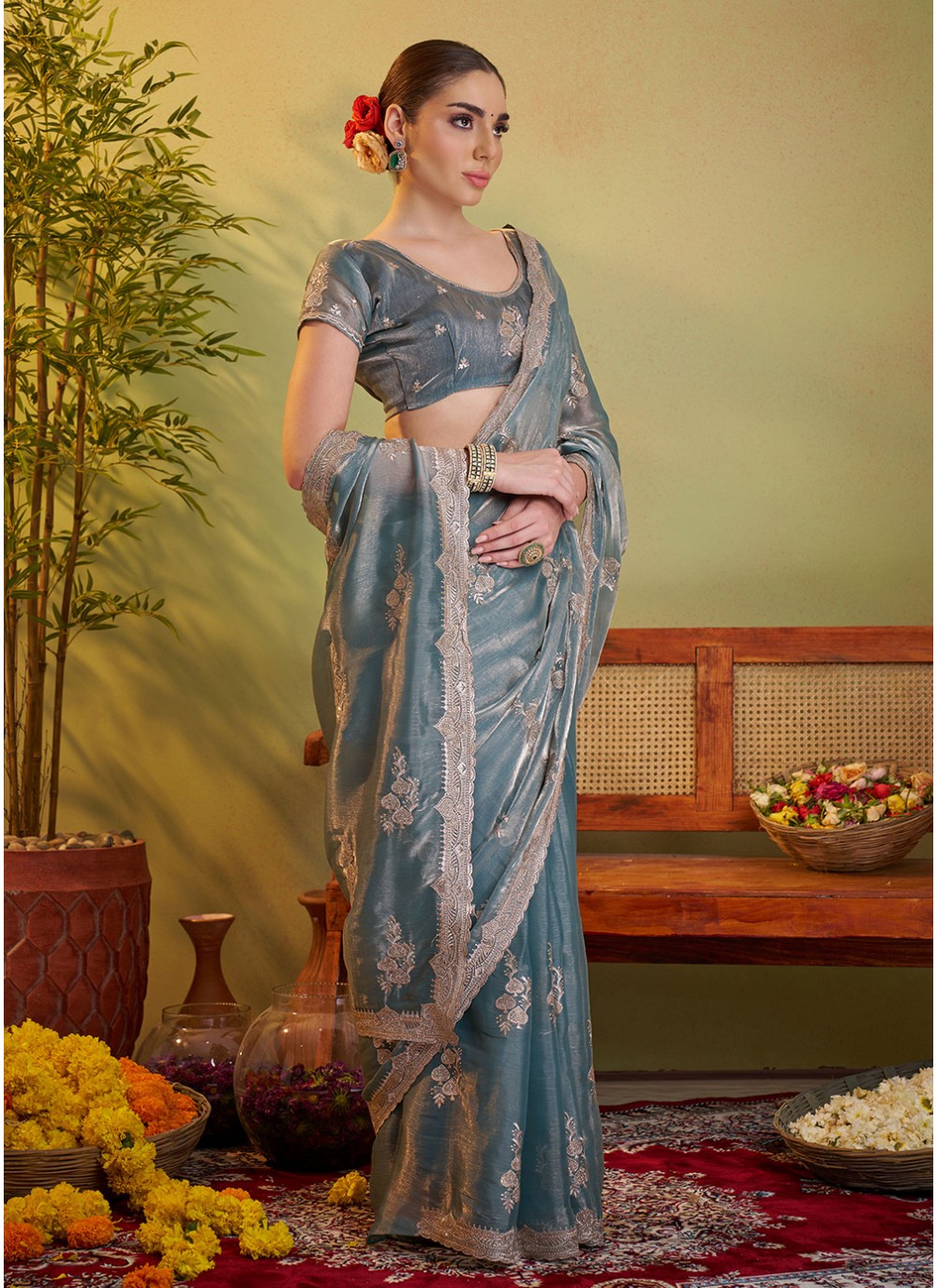 Embroidered Satin Grey Saree S14472