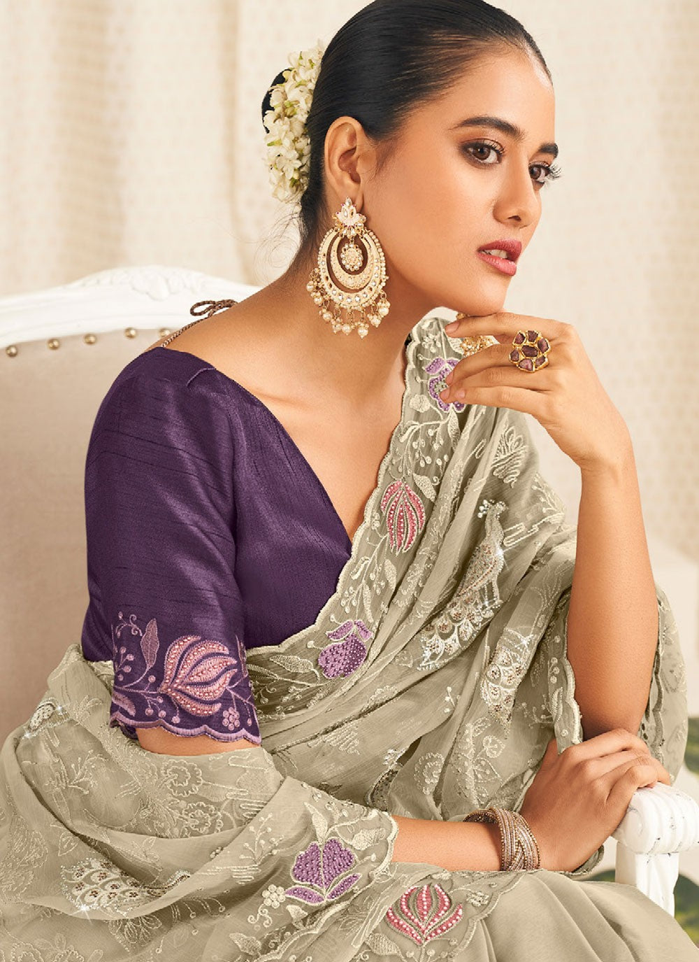 Grey Silk Classic Saree Embroidered S19919