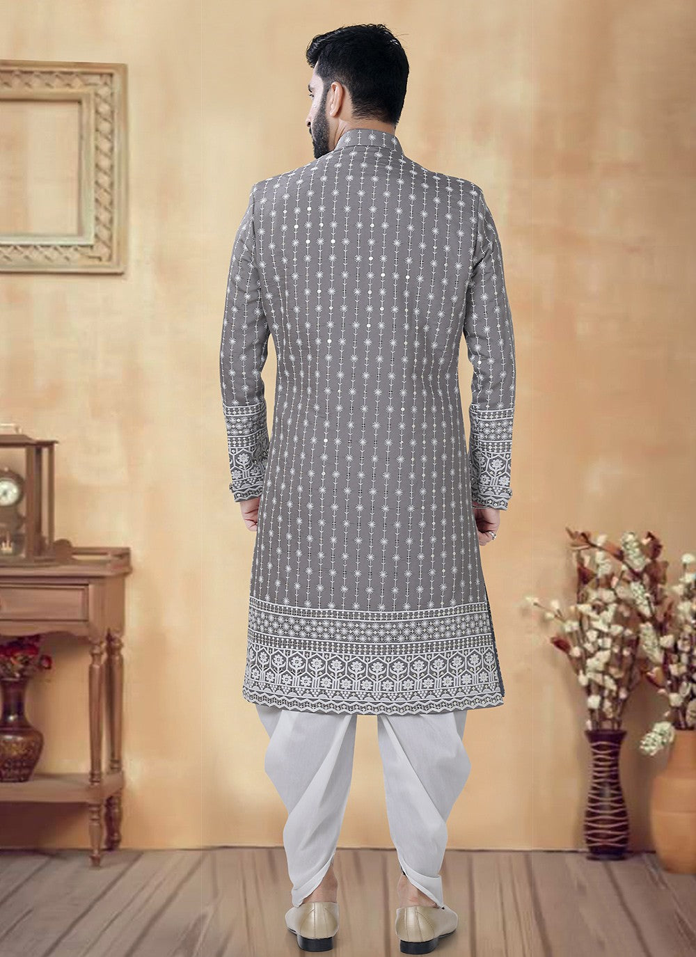 Embroidered Silk Grey Sherwani - M8524