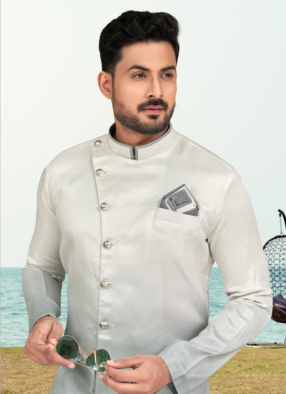 Buttons Silk Grey Indo Western - M6590