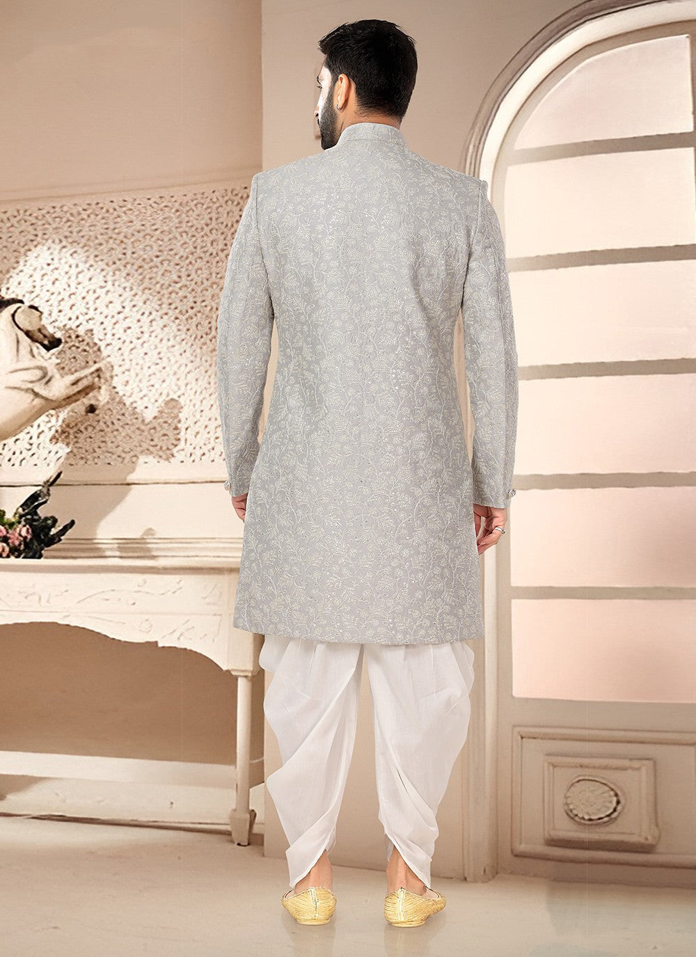 Embroidered Silk Grey Sherwani - M7539