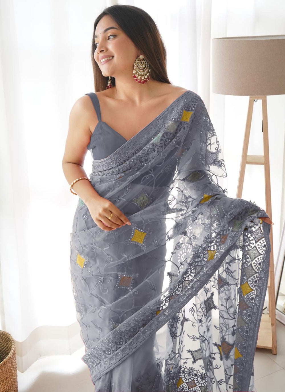 Embroidered Net Grey Saree S14393