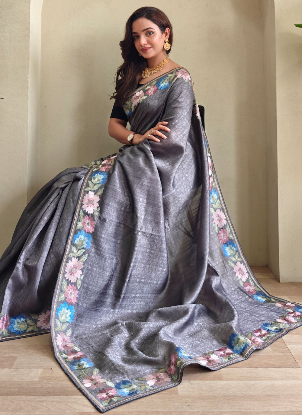 Grey Tussar Silk Classic Saree Border Work, Thread S17284