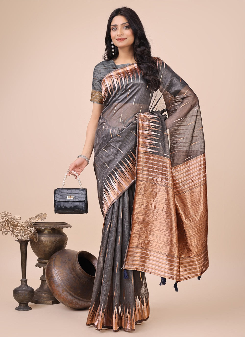 Weaving Zari Cotton Grey Contemporary Saree S15134