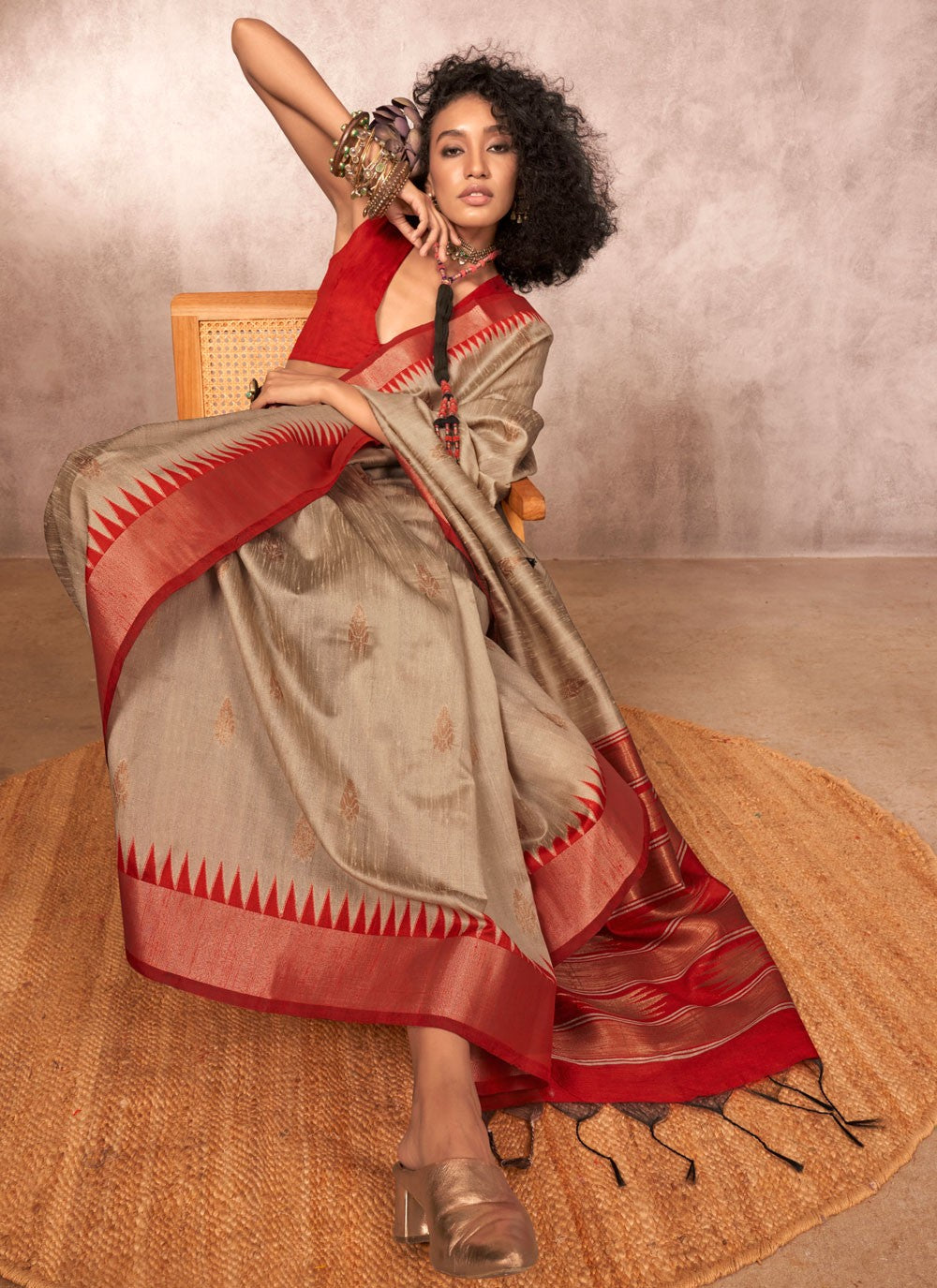 Weaving Zari Bhagalpuri Silk Grey Trendy Saree S15565