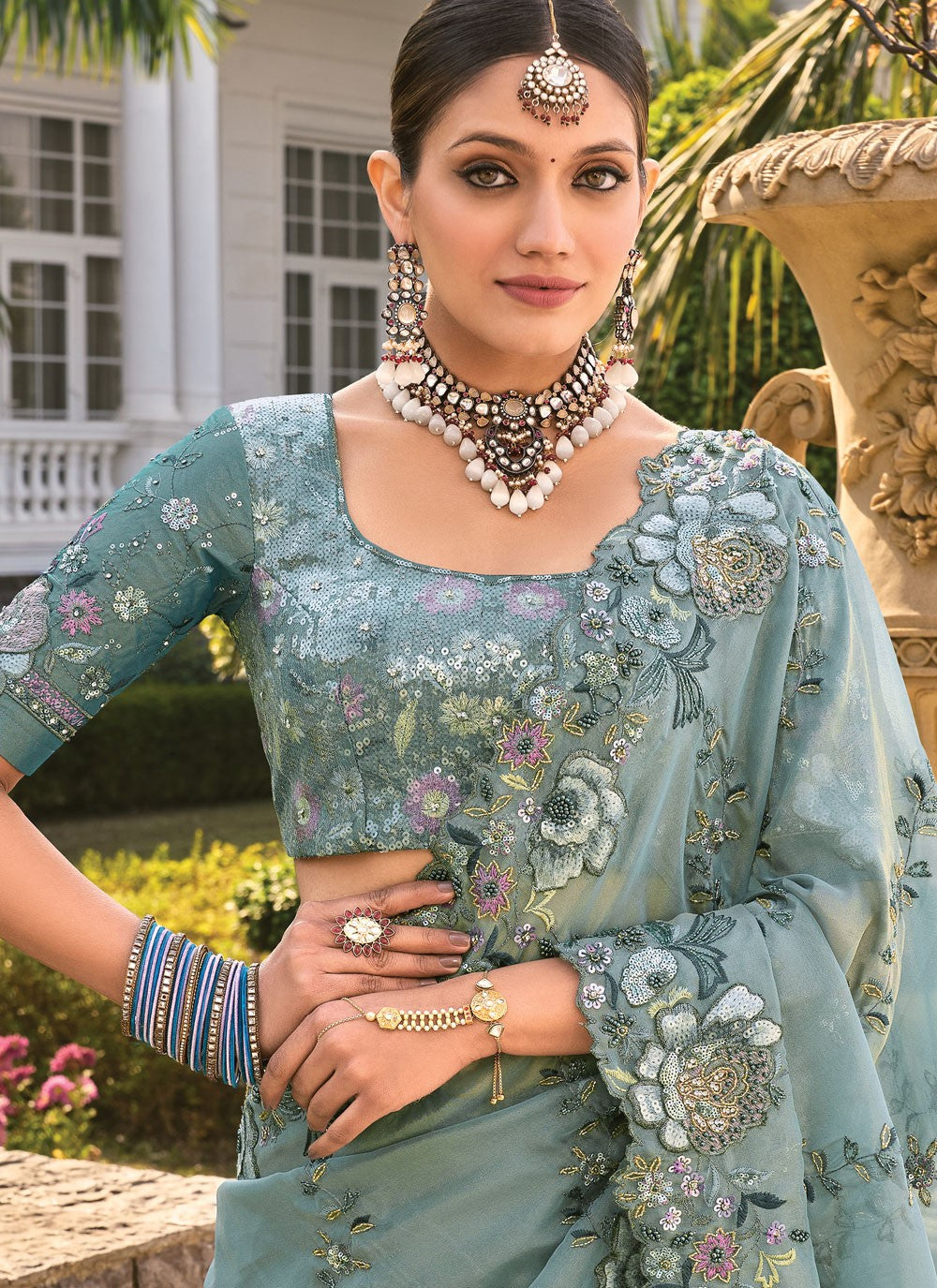 Beads Organza Grey Saree S14299