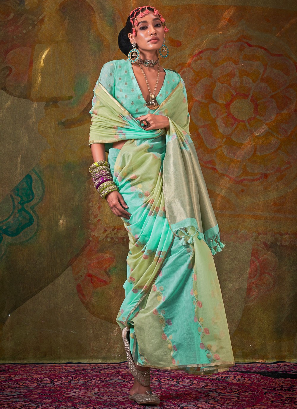 Contemporary Weaving Zari Green, Turquoise Handloom Cotton Saree S13609