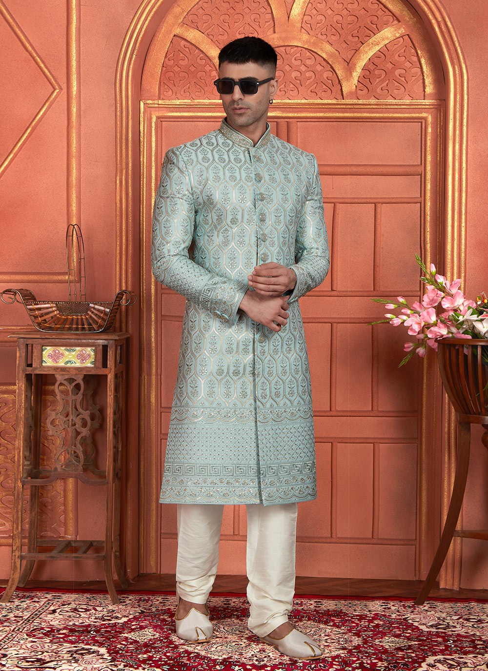 Embroidered Art Silk Green Sherwani - M8278