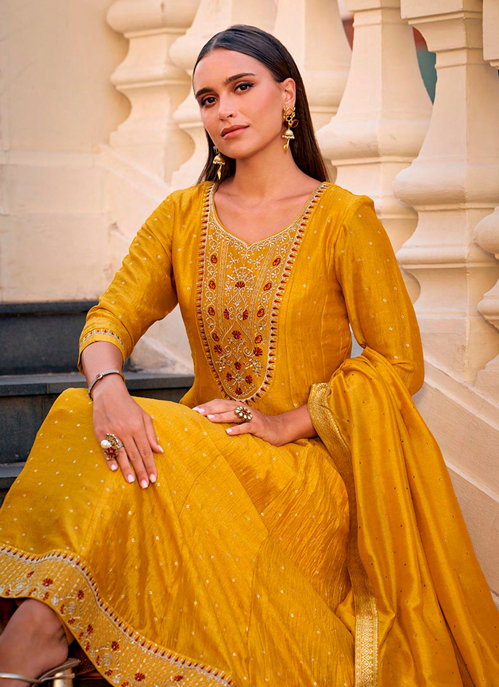 Anarkali Embroidered, Hand Embroidery Mustard T8170