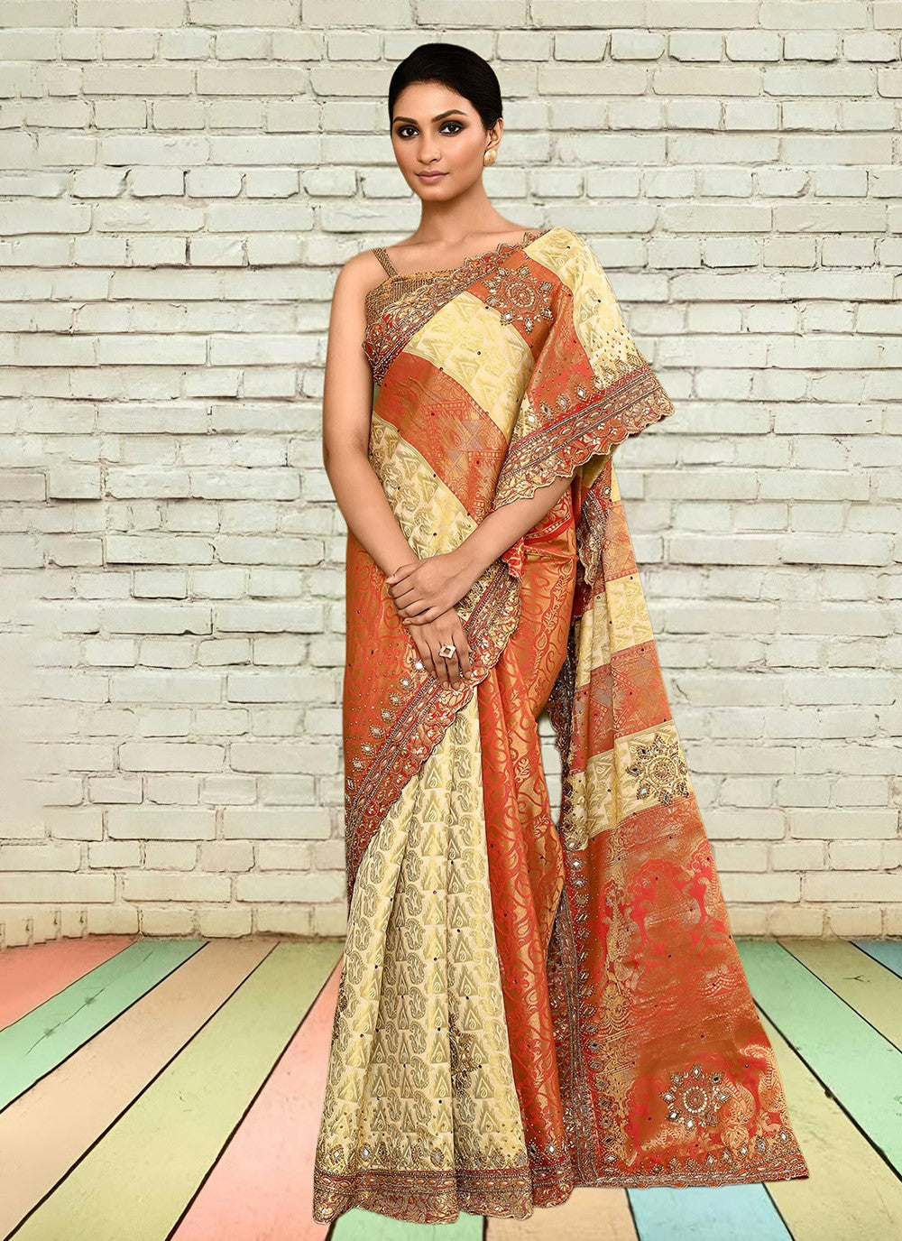 Hand Embroidery Kanjivaram Silk Cream Saree S14262