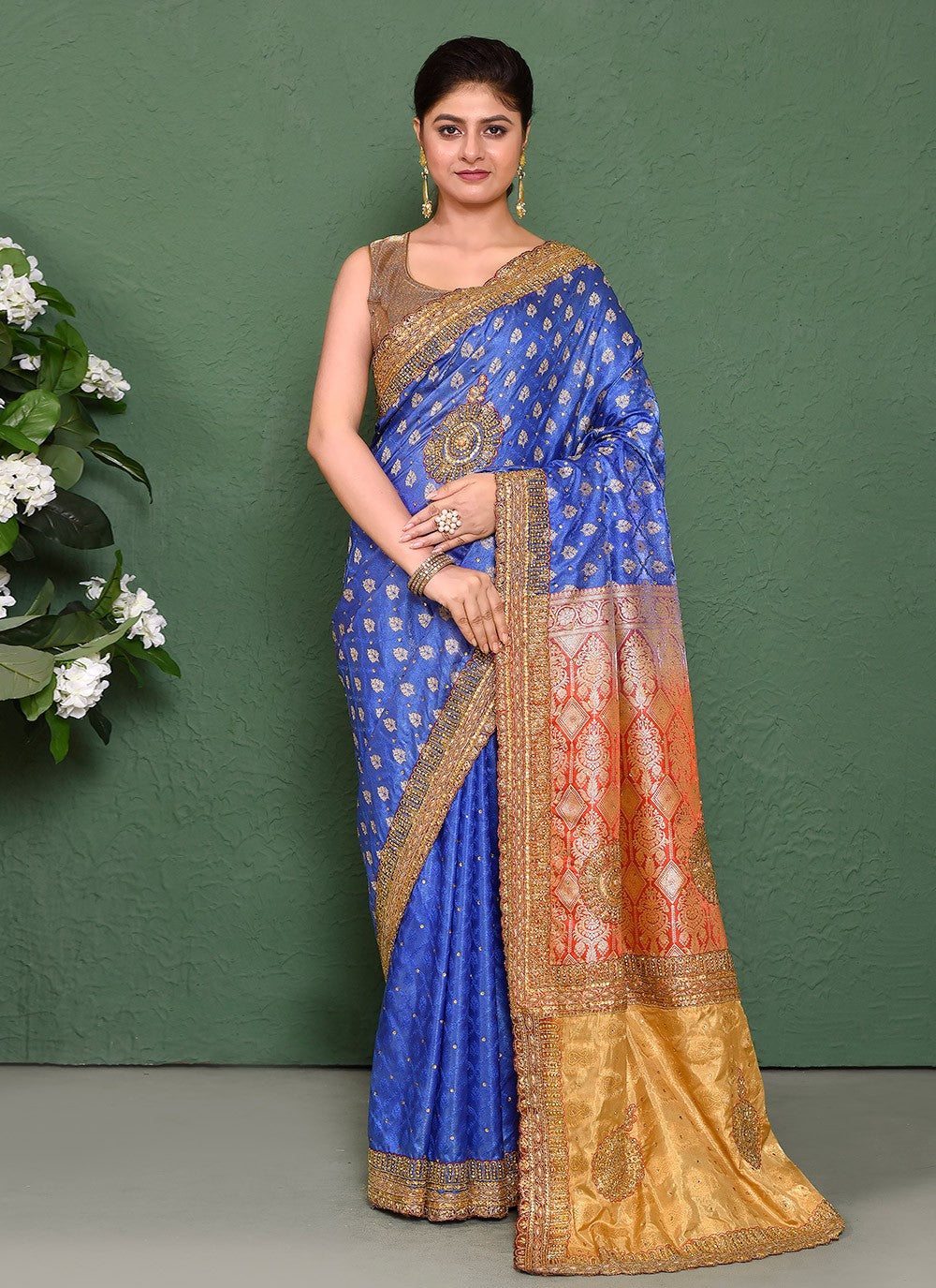 Hand Embroidery Kanjivaram Silk Blue Saree S14332