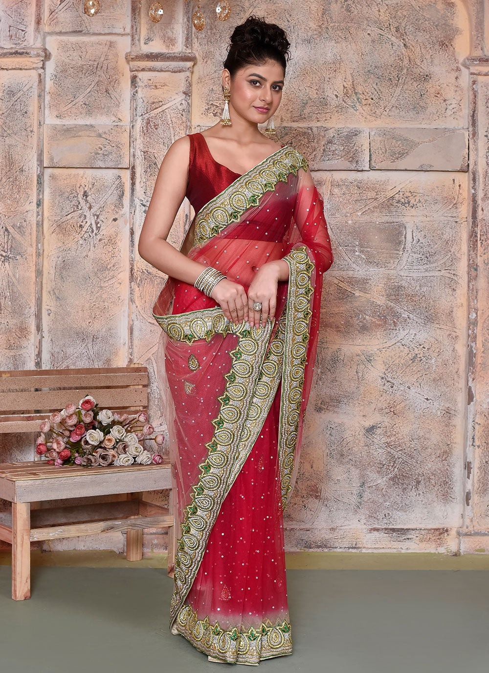 Hand Embroidery Net Red Saree S14361