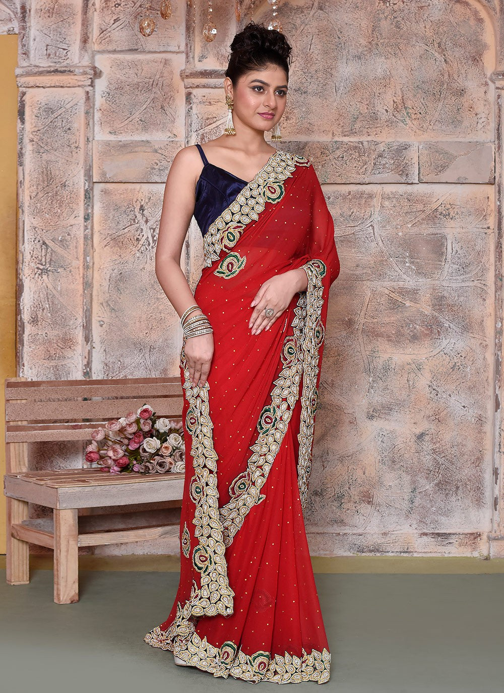 Hand Embroidery Georgette Red Saree S14360