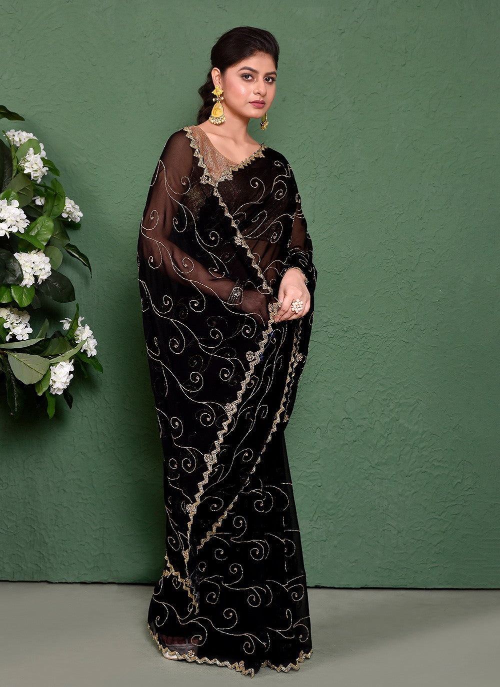 Hand Embroidery Georgette Black Saree S14358