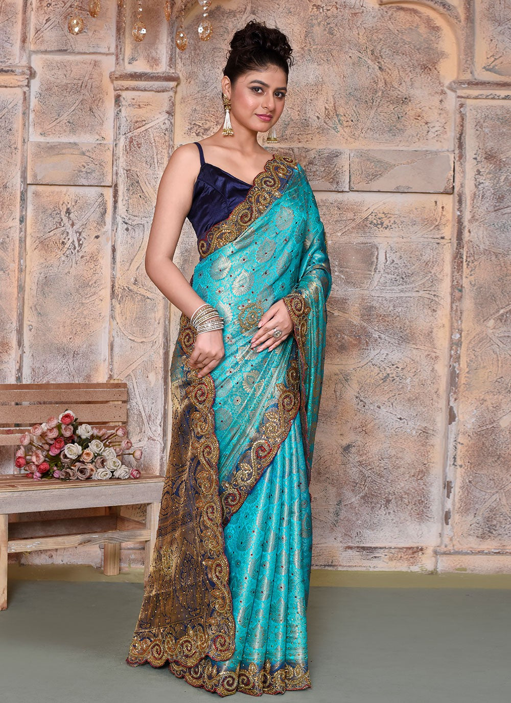 Hand Embroidery Kanjivaram Silk Blue Saree S14324