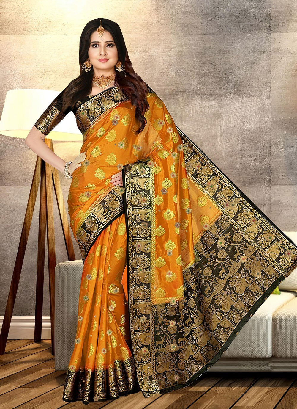 Hand Embroidery Kanjivaram Silk Mustard Saree S13775