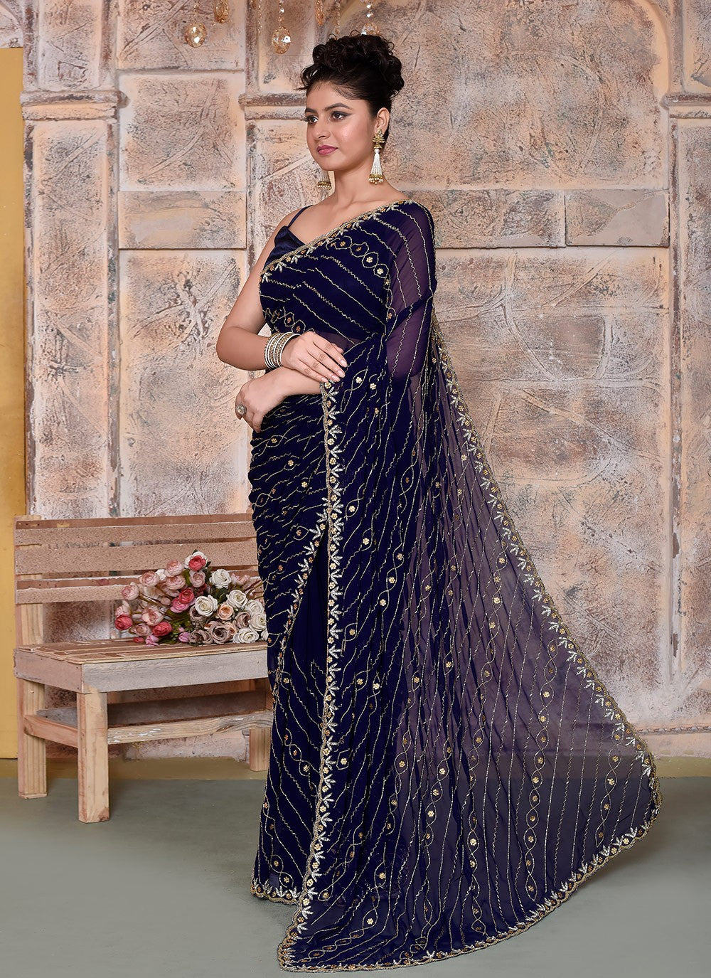 Hand Embroidery Georgette Navy Blue Saree S14326