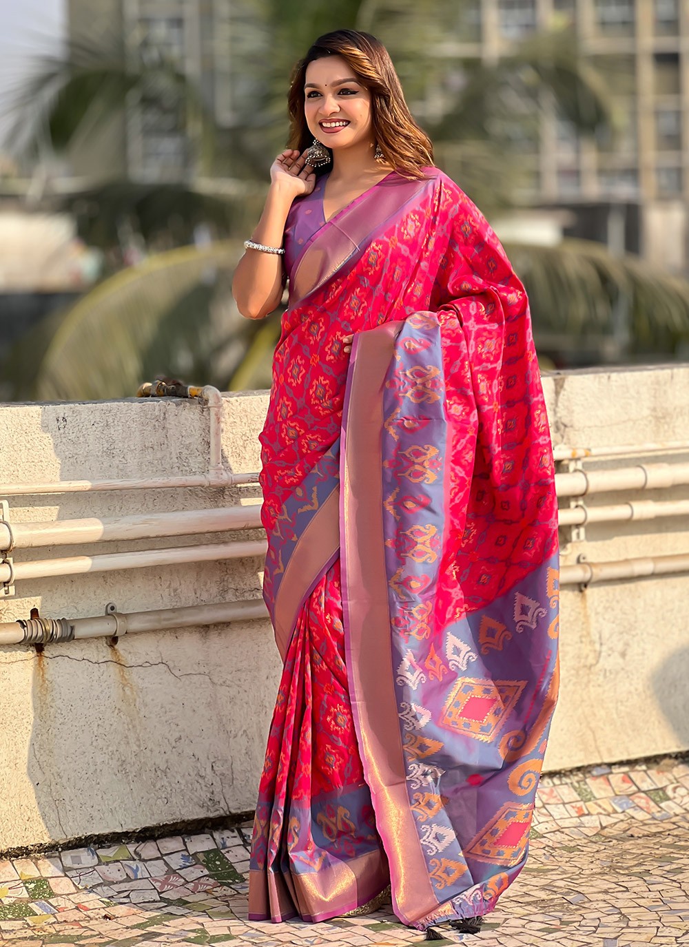 Trendy Saree Meenakari Hot Pink Patola Silk Saree S13548