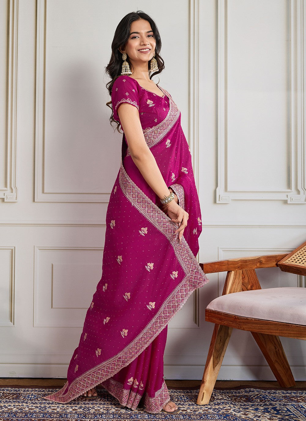 Hot Pink Georgette Trendy Saree Embroidered, Swarovski S19439