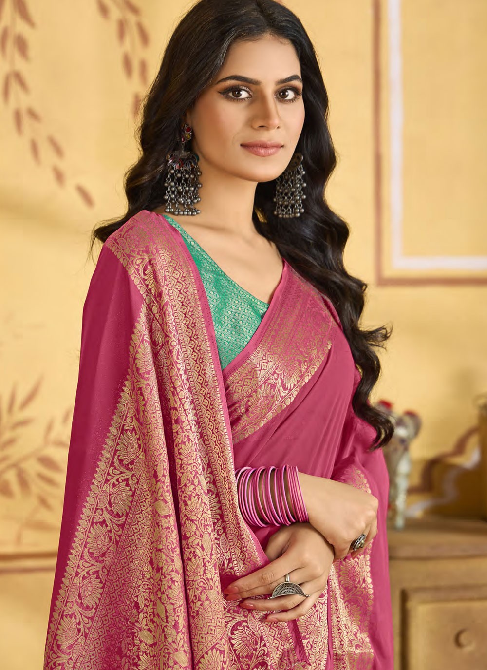Trendy Saree Jacquard Work Hot Pink Chiffon Saree S13347