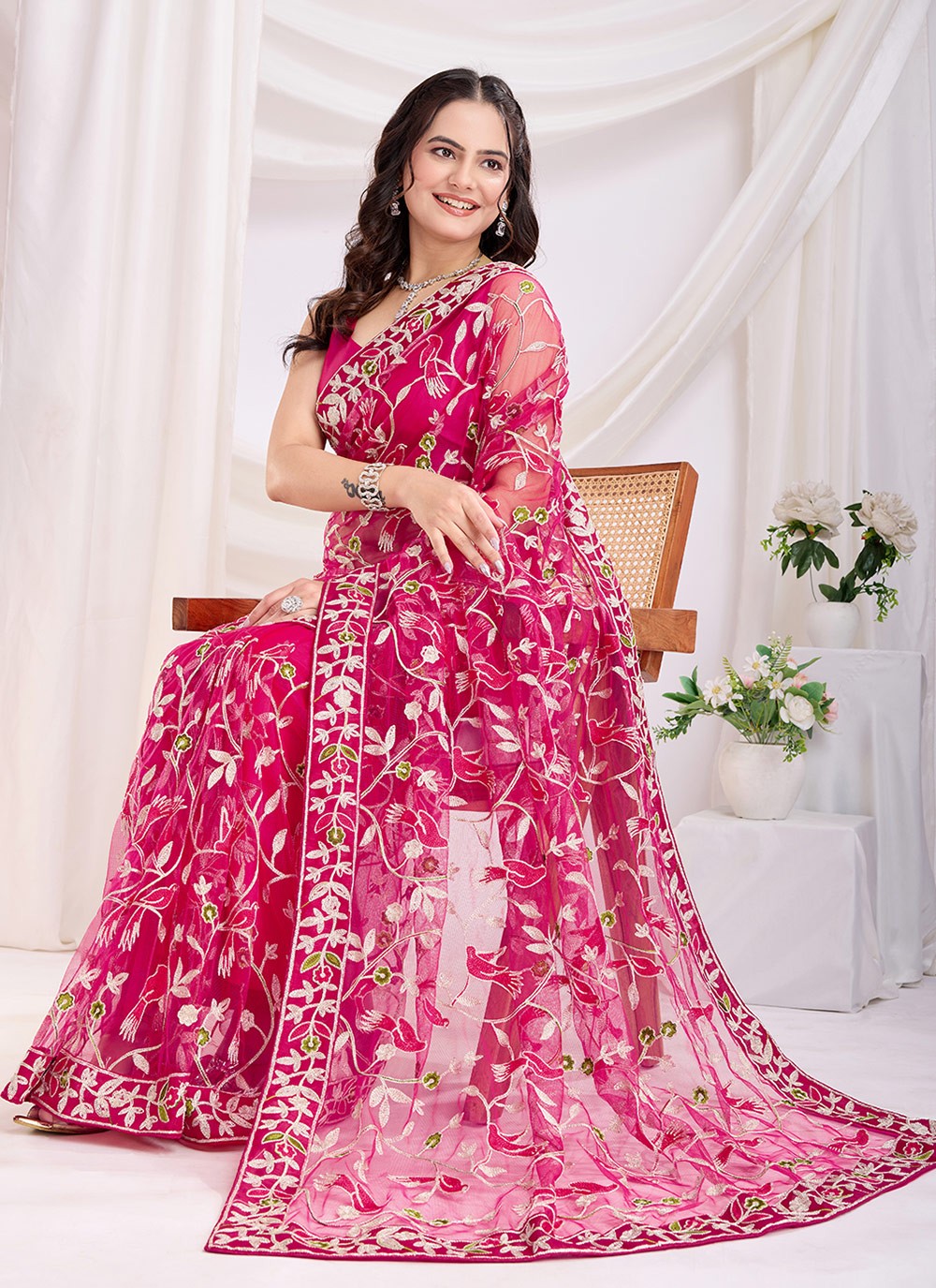 Embroidered Net Hot Pink Saree S14040
