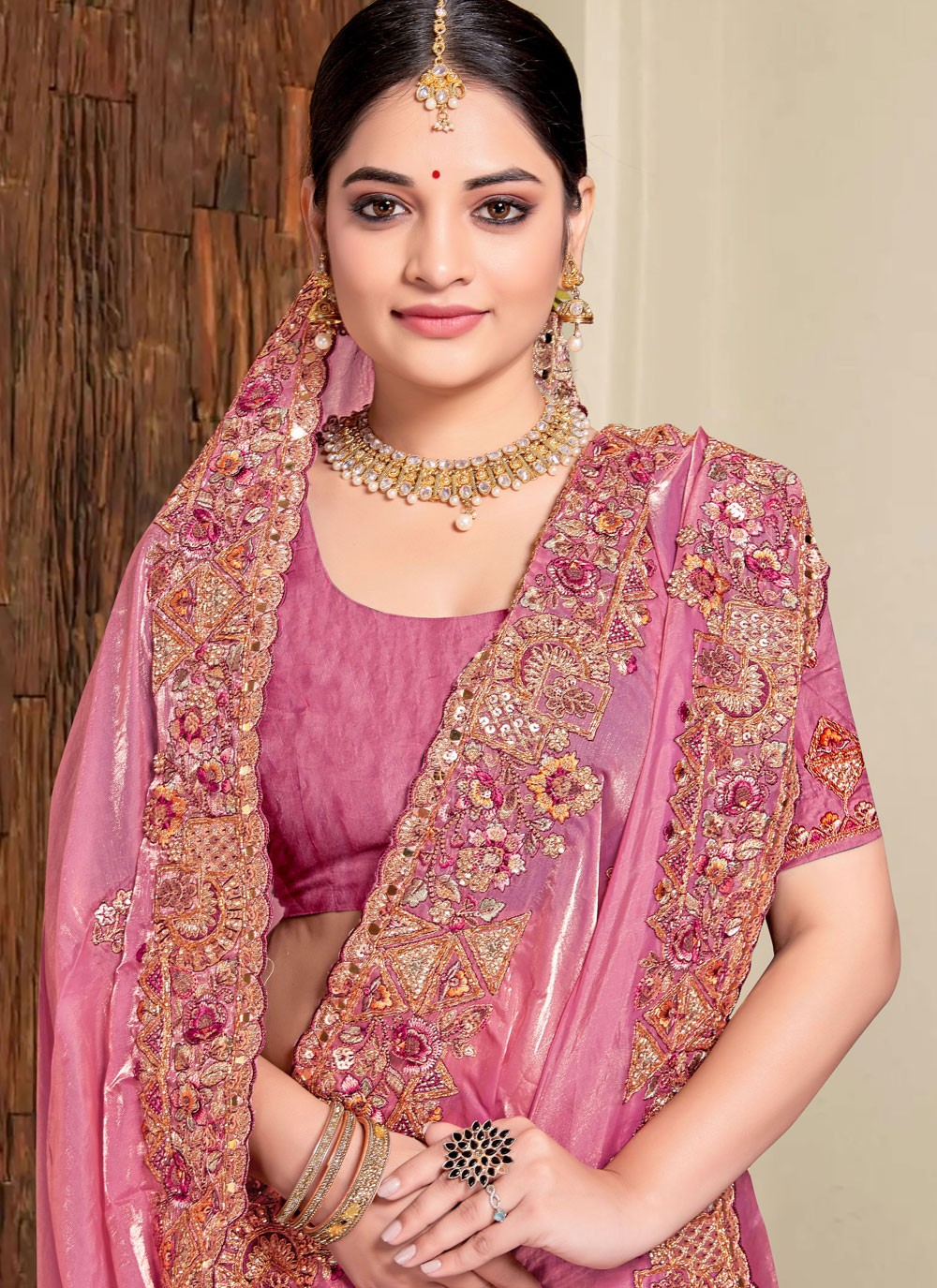 Traditional Beads Hot Pink Silk Saree S13088
