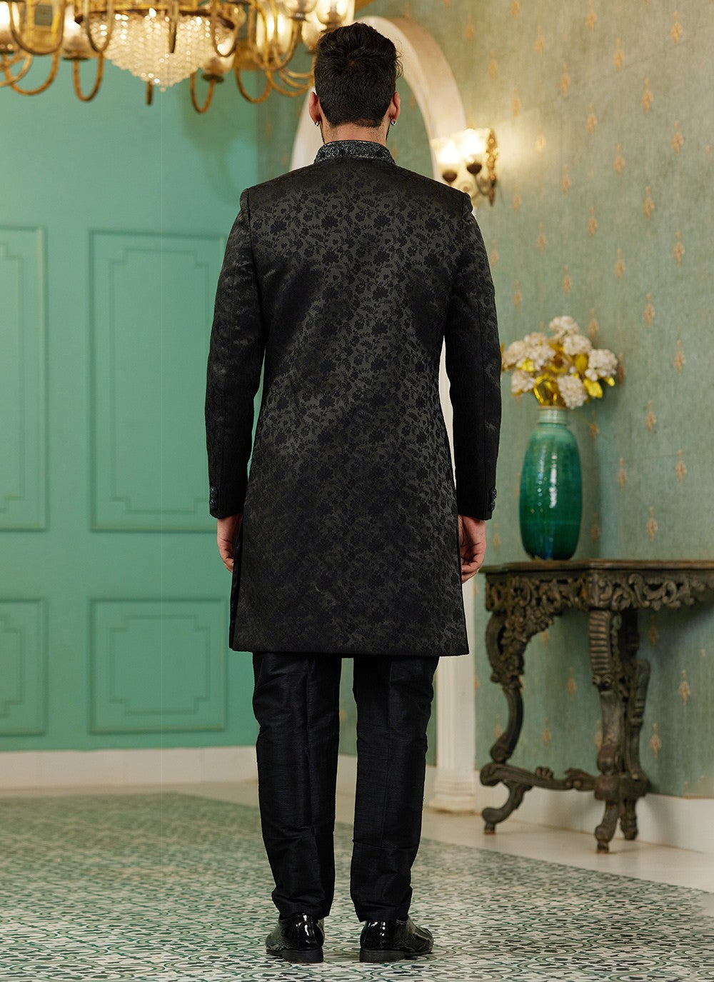 Hand Embroidery Imported, Jacquard Silk Black Indo Western - M6444