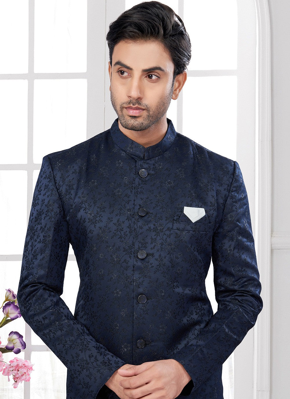 Buttons Imported, Jacquard Navy Blue Indo Western - M8641