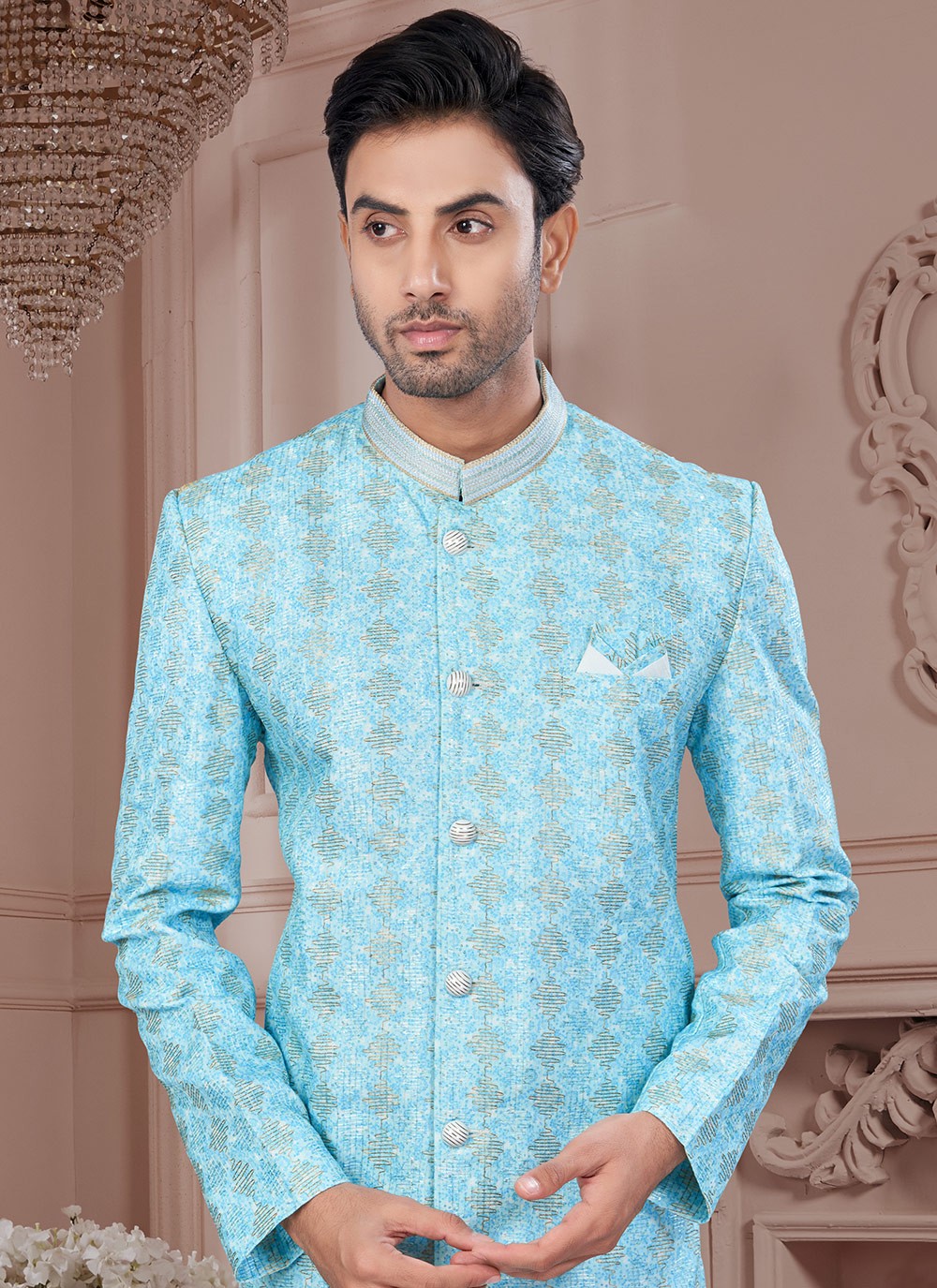 Digital Print Imported, Silk Aqua Blue Indo Western Sherwani - M8606