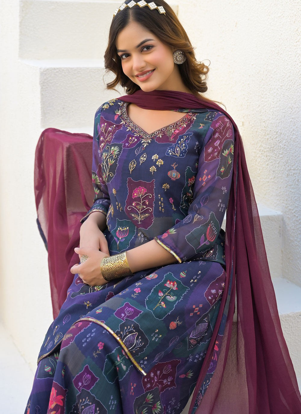 Sharara Suit Digital Print, Sequins, Thread Purple T7134