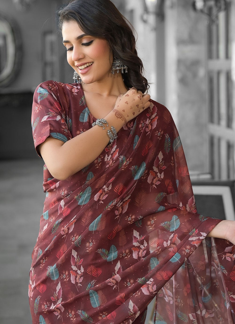 Digital Print Georgette Brown Saree S14544