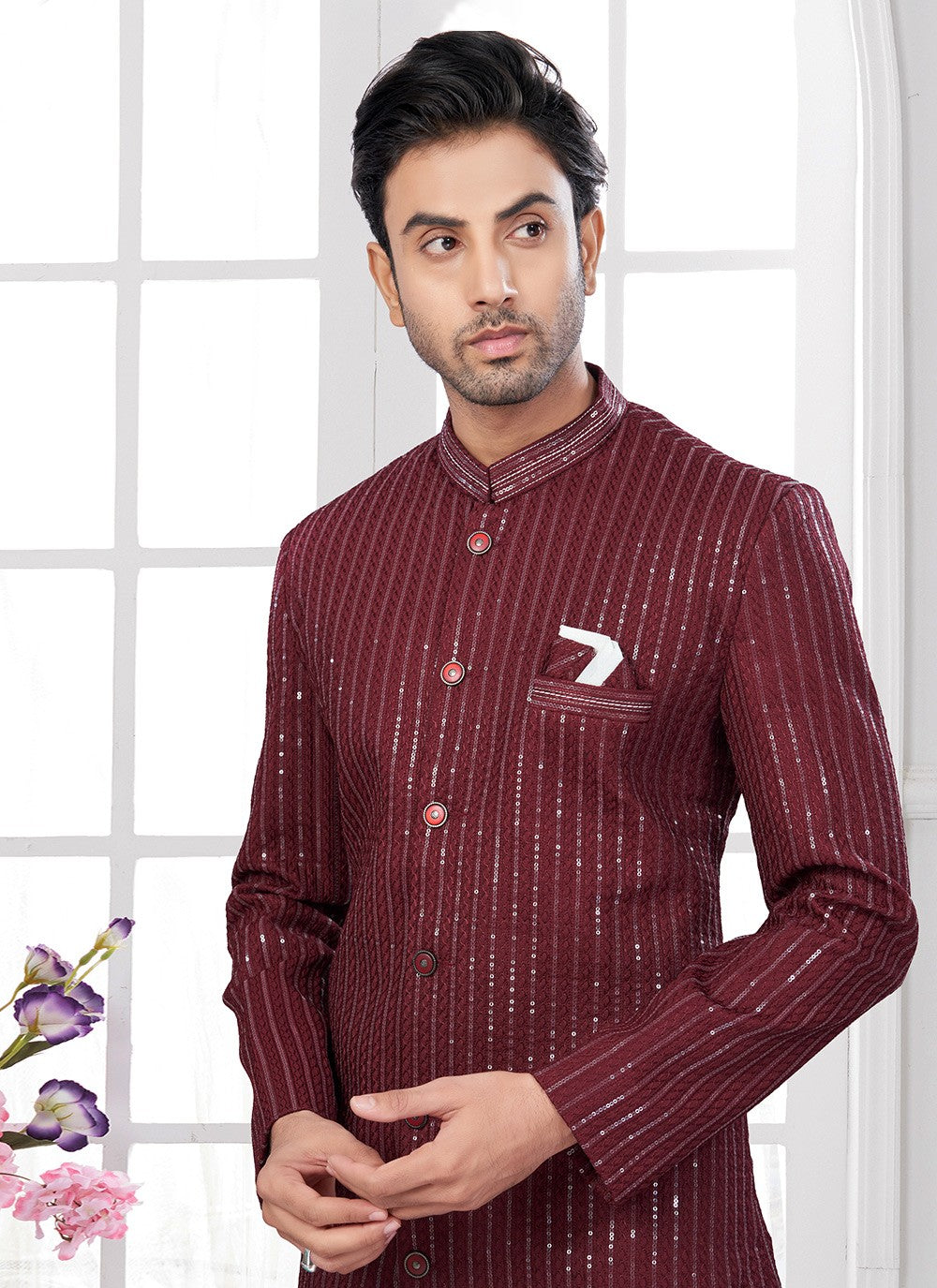 Machine Embroidery Imported, Silk Maroon Indo Western - M8640