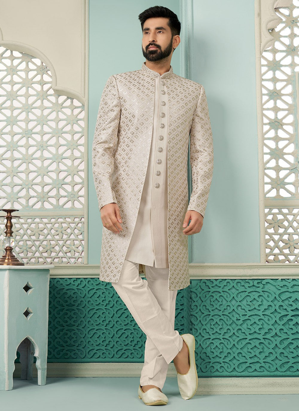 Embroidered Banarasi Silk Off White Indo Western - M7297