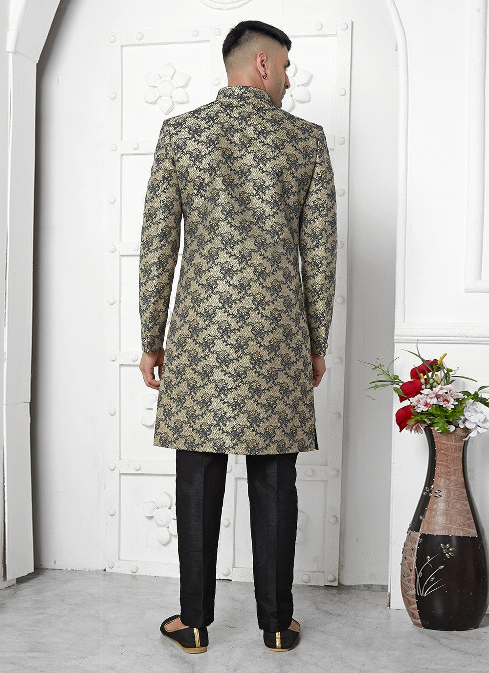 Fancy Work Jacquard Silk Black Indo Western - M6616
