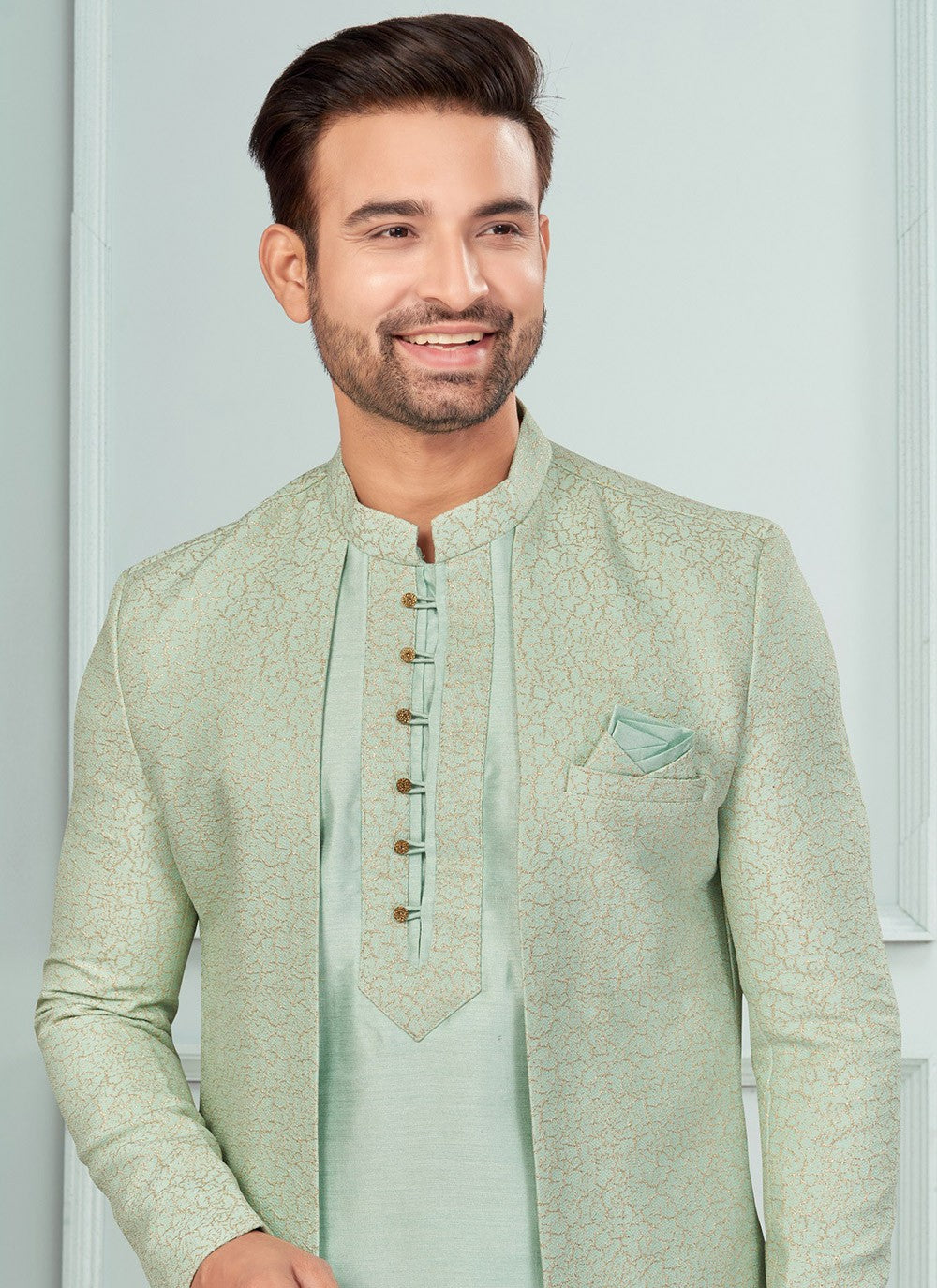 Fancy Work Jacquard Green Indo Western - M7278