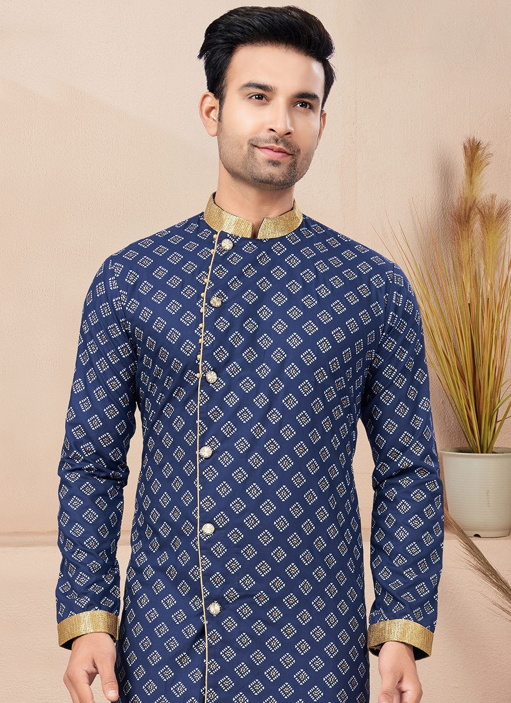 Lace Cotton Navy Blue Indo Western - M6207