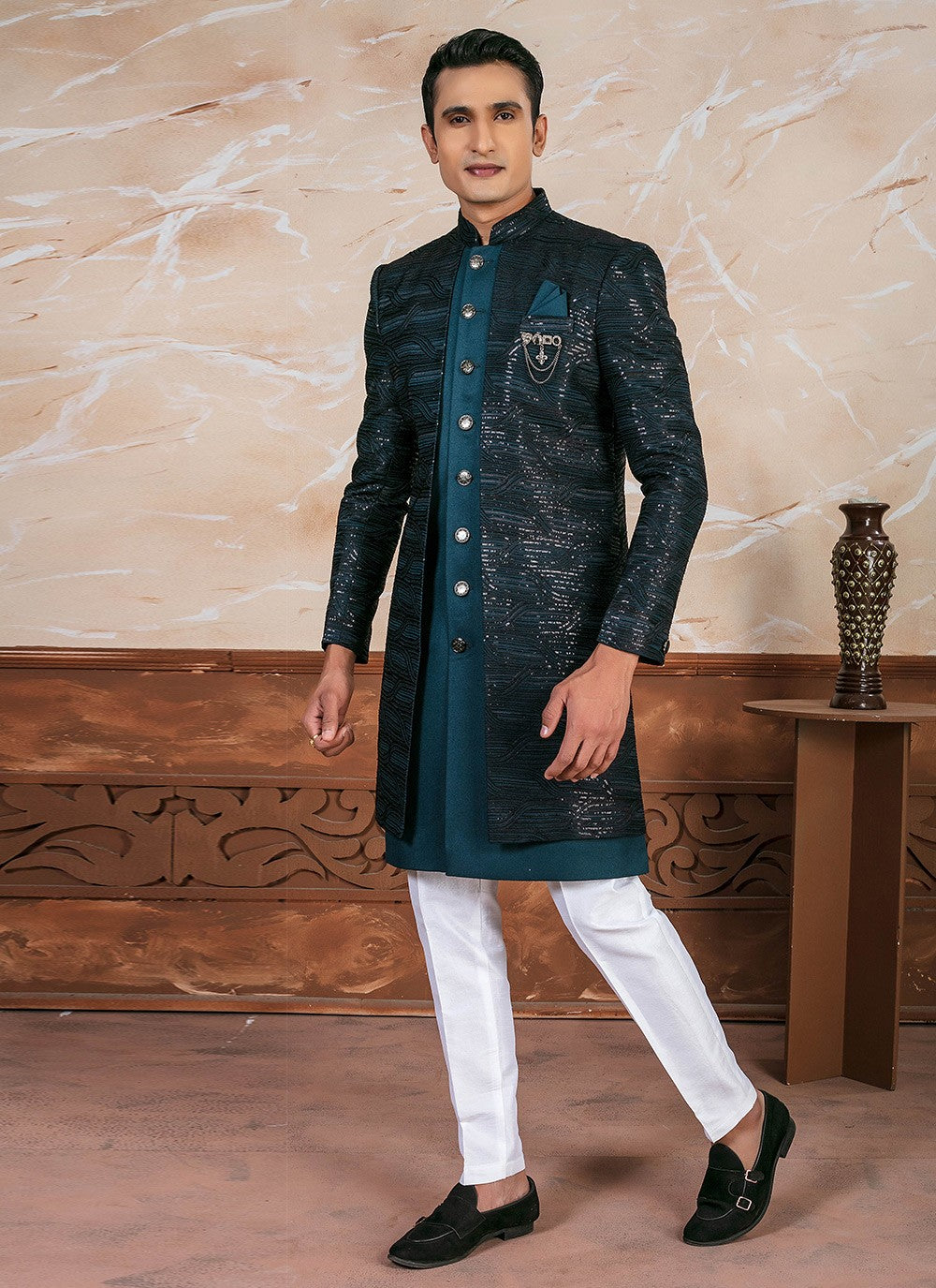 Embroidered Silk Rama Indo Western - M8345