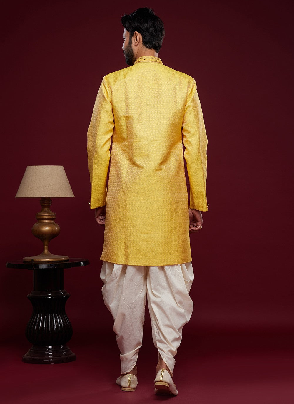 Embroidered Banarasi Jacquard Mustard Indo Western Sherwani - M5787